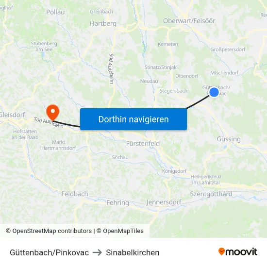 Güttenbach/Pinkovac to Sinabelkirchen map