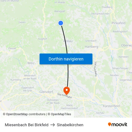 Miesenbach Bei Birkfeld to Sinabelkirchen map