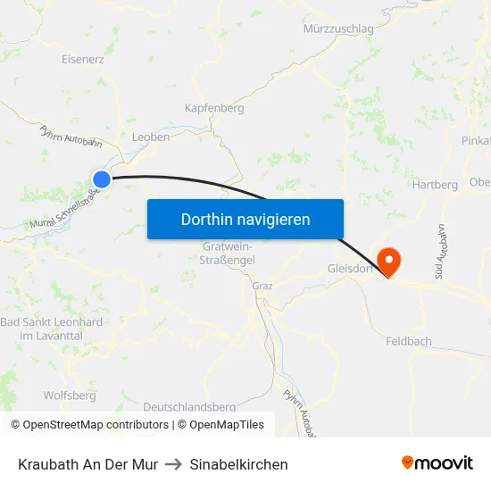 Kraubath An Der Mur to Sinabelkirchen map