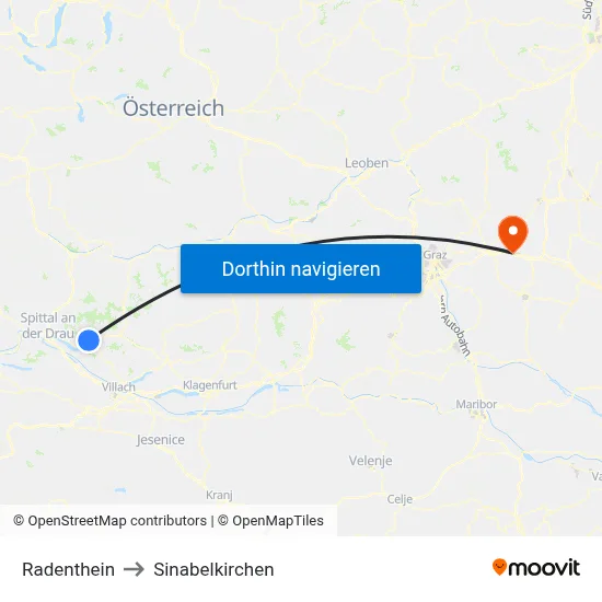 Radenthein to Sinabelkirchen map