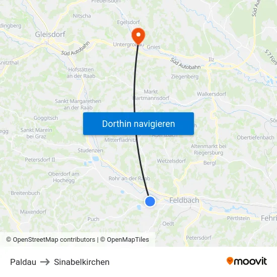 Paldau to Sinabelkirchen map