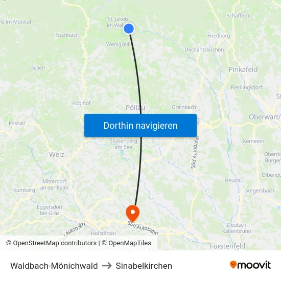 Waldbach-Mönichwald to Sinabelkirchen map