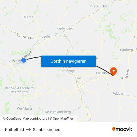 Knittelfeld to Sinabelkirchen map