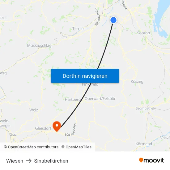 Wiesen to Sinabelkirchen map