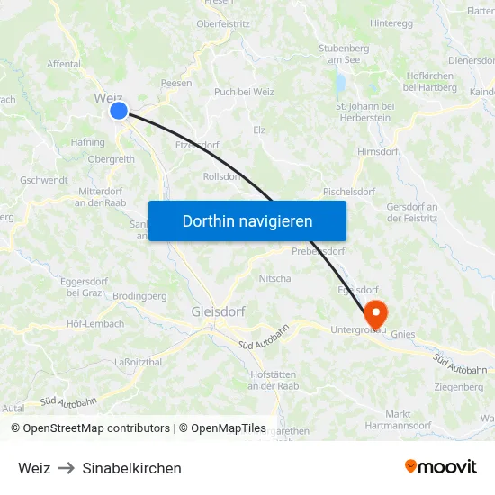 Weiz to Sinabelkirchen map