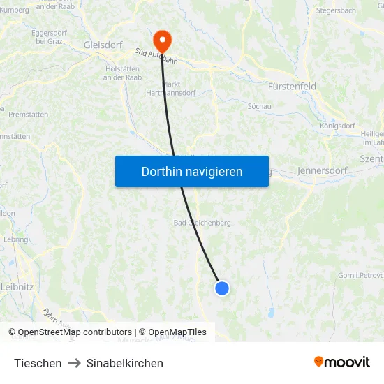 Tieschen to Sinabelkirchen map