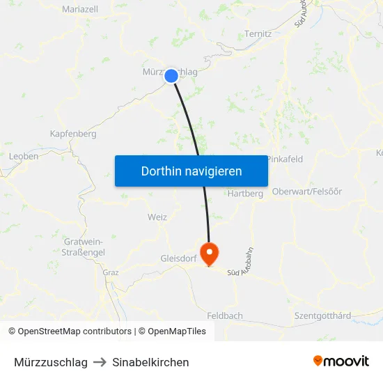 Mürzzuschlag to Sinabelkirchen map