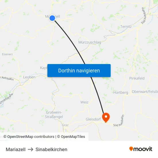Mariazell to Sinabelkirchen map
