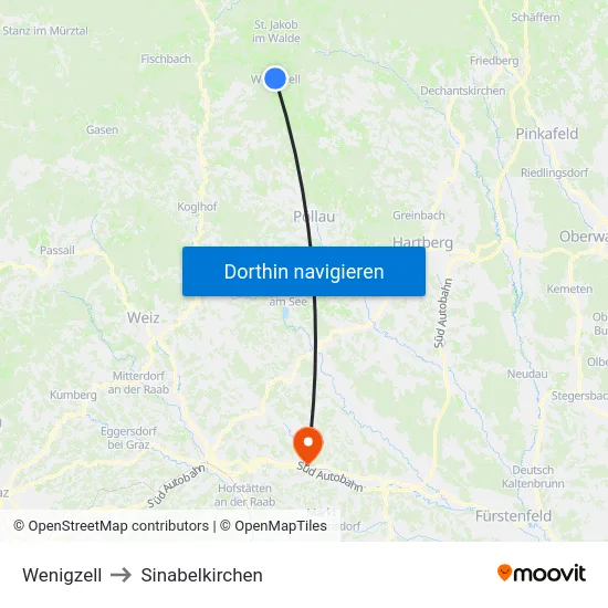 Wenigzell to Sinabelkirchen map
