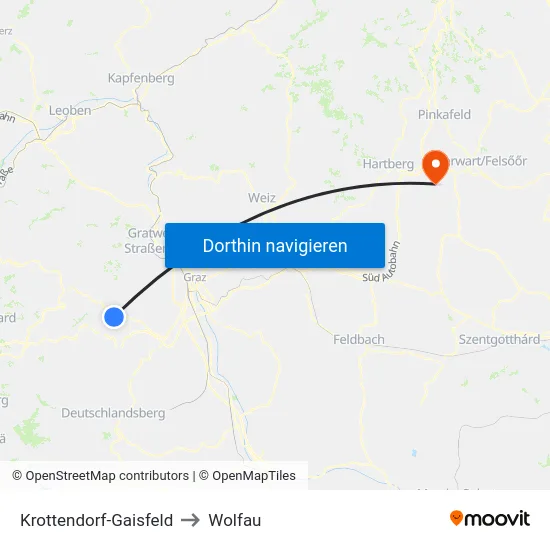 Krottendorf-Gaisfeld to Wolfau map