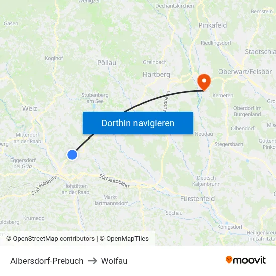 Albersdorf-Prebuch to Wolfau map