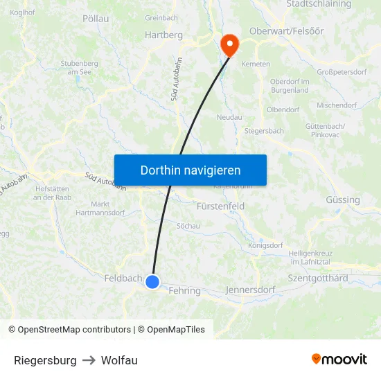 Riegersburg to Wolfau map