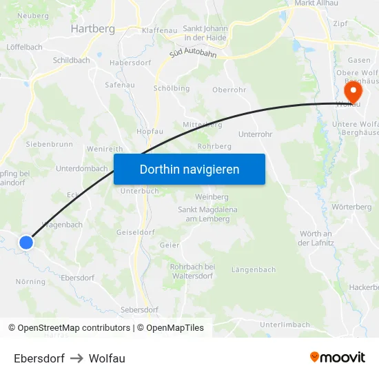 Ebersdorf to Wolfau map
