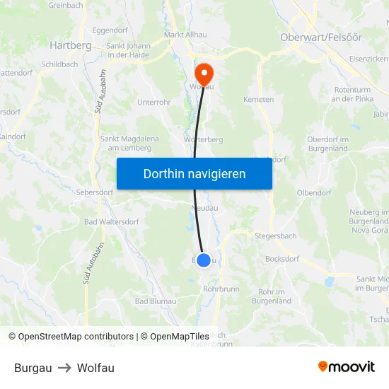 Burgau to Wolfau map