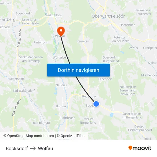 Bocksdorf to Wolfau map