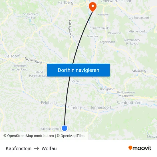 Kapfenstein to Wolfau map