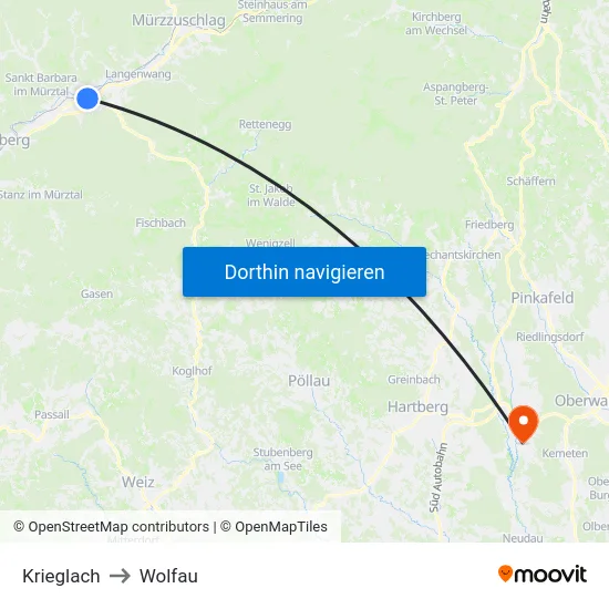 Krieglach to Wolfau map