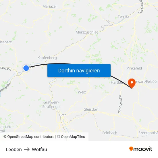 Leoben to Wolfau map