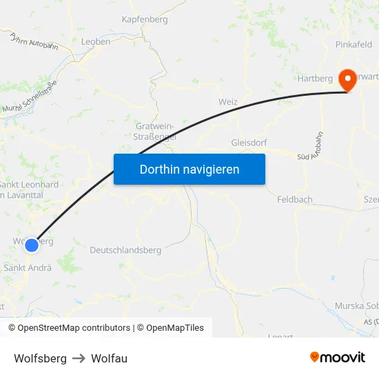 Wolfsberg to Wolfau map