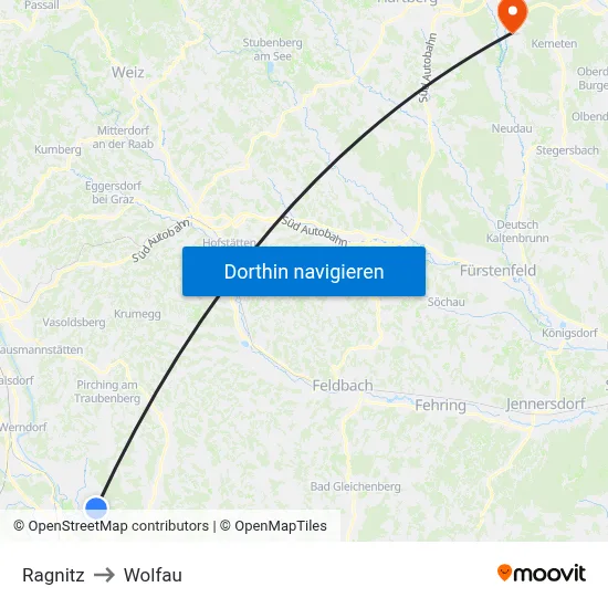 Ragnitz to Wolfau map