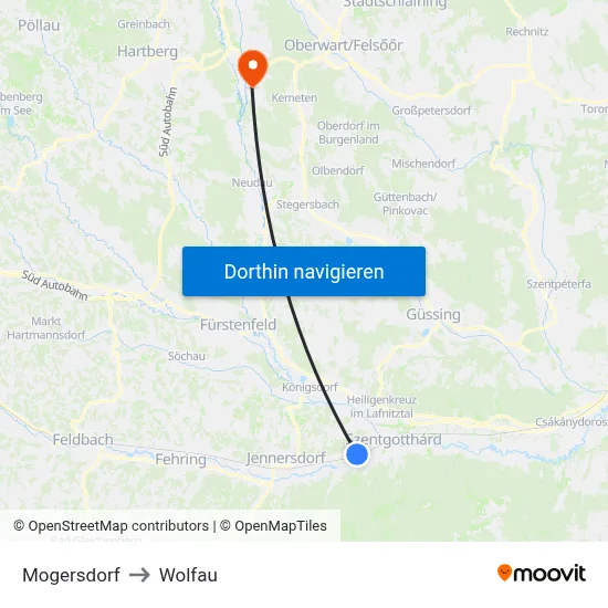 Mogersdorf to Wolfau map