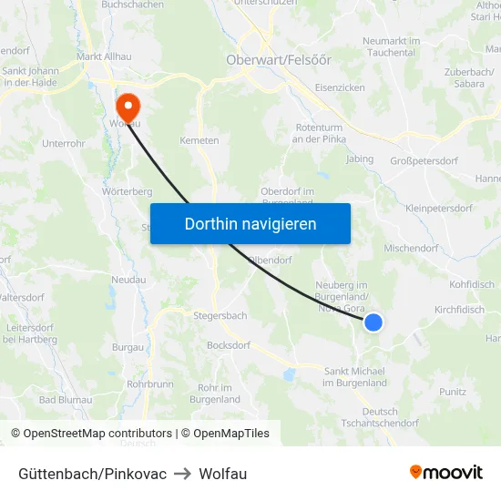 Güttenbach/Pinkovac to Wolfau map