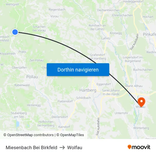 Miesenbach Bei Birkfeld to Wolfau map