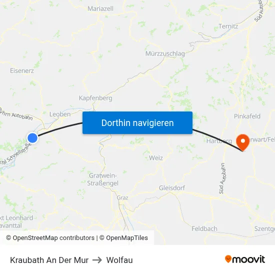 Kraubath An Der Mur to Wolfau map