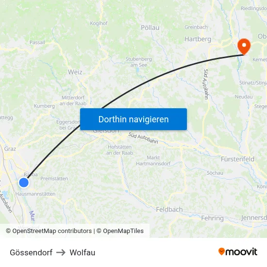 Gössendorf to Wolfau map