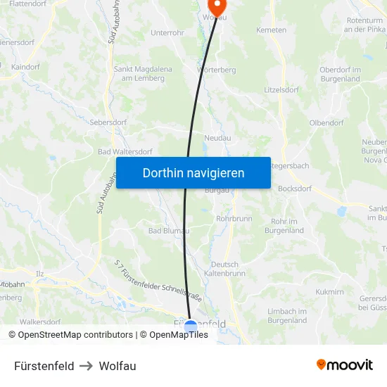 Fürstenfeld to Wolfau map