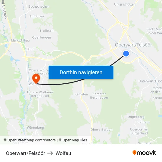 Oberwart/Felsőőr to Wolfau map