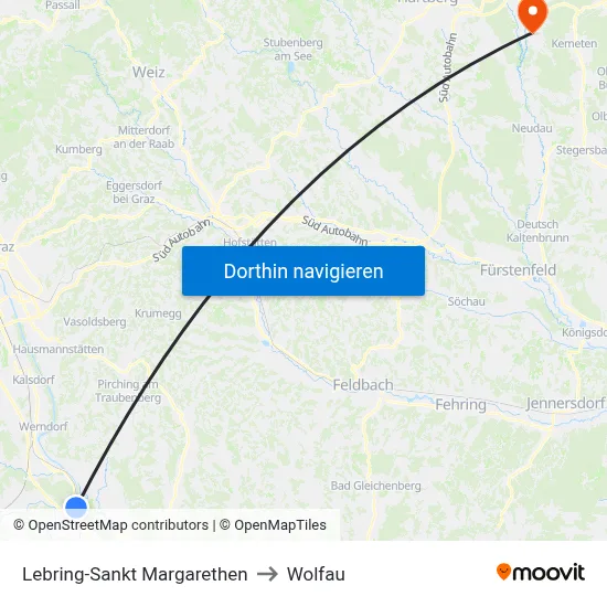 Lebring-Sankt Margarethen to Wolfau map