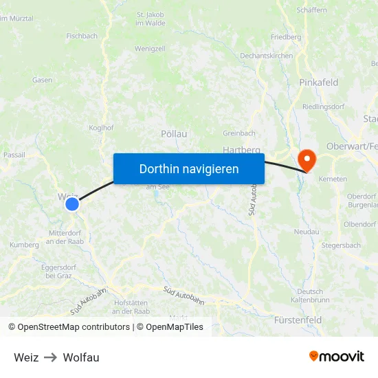 Weiz to Wolfau map