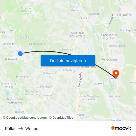 Pöllau to Wolfau map