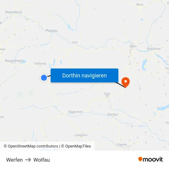 Werfen to Wolfau map