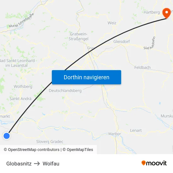 Globasnitz to Wolfau map
