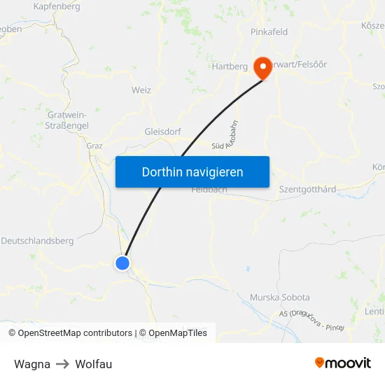 Wagna to Wolfau map