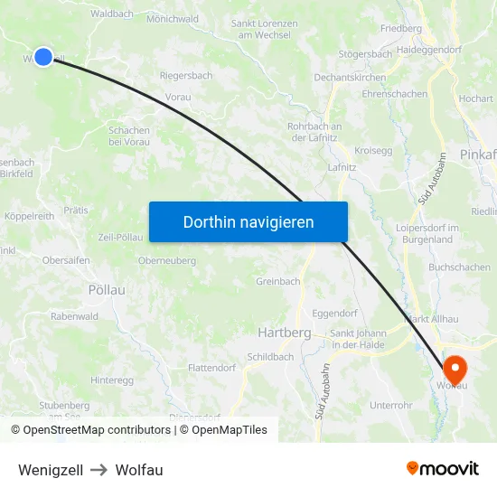 Wenigzell to Wolfau map