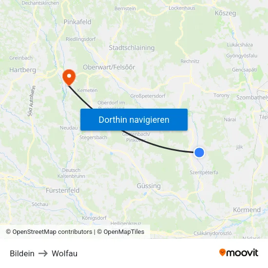 Bildein to Wolfau map