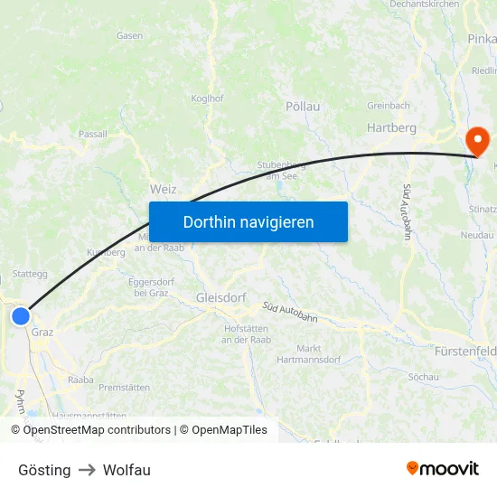 Gösting to Wolfau map