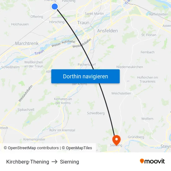 Kirchberg-Thening to Sierning map