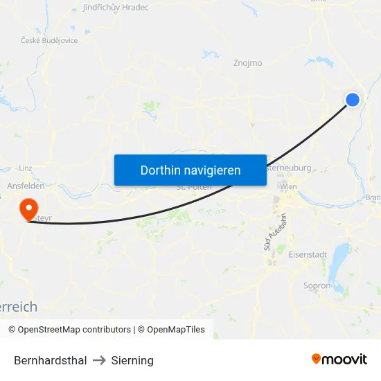Bernhardsthal to Sierning map