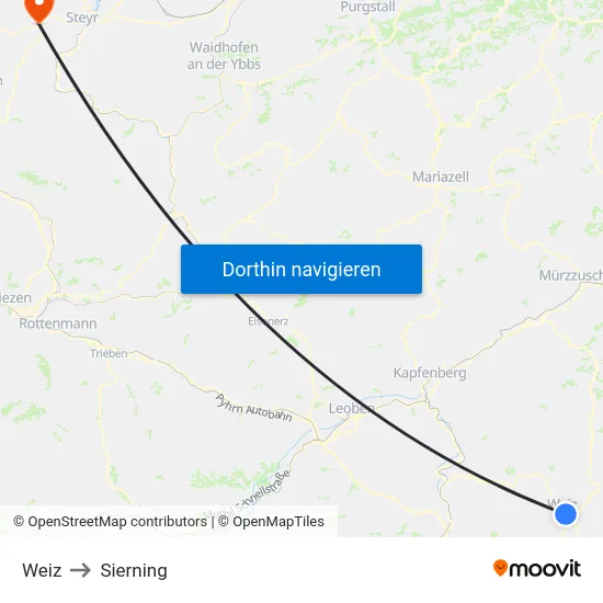 Weiz to Sierning map
