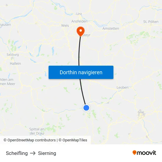 Scheifling to Sierning map