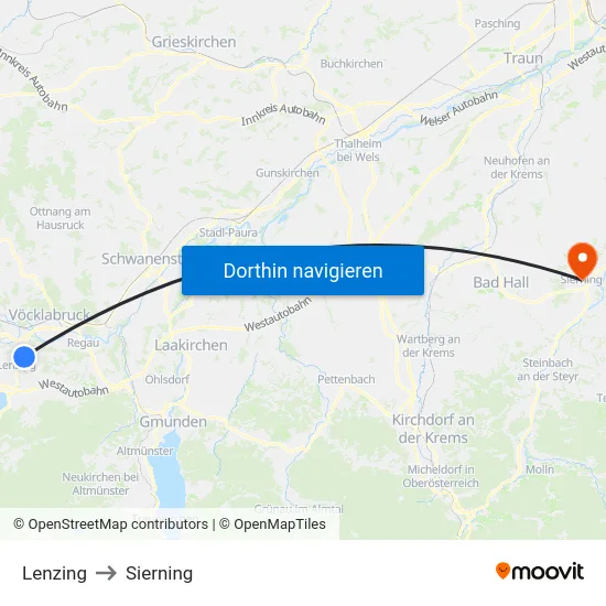 Lenzing to Sierning map