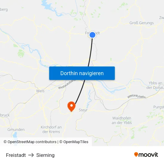 Freistadt to Sierning map