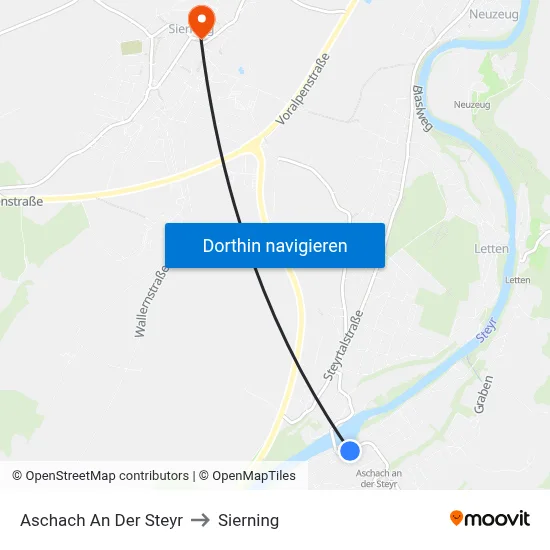 Aschach An Der Steyr to Sierning map
