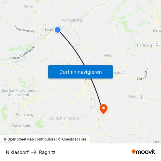 Niklasdorf to Ragnitz map
