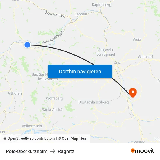 Pöls-Oberkurzheim to Ragnitz map