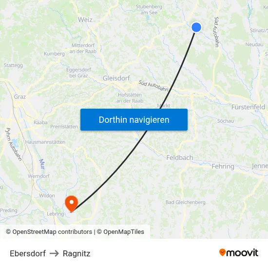 Ebersdorf to Ragnitz map